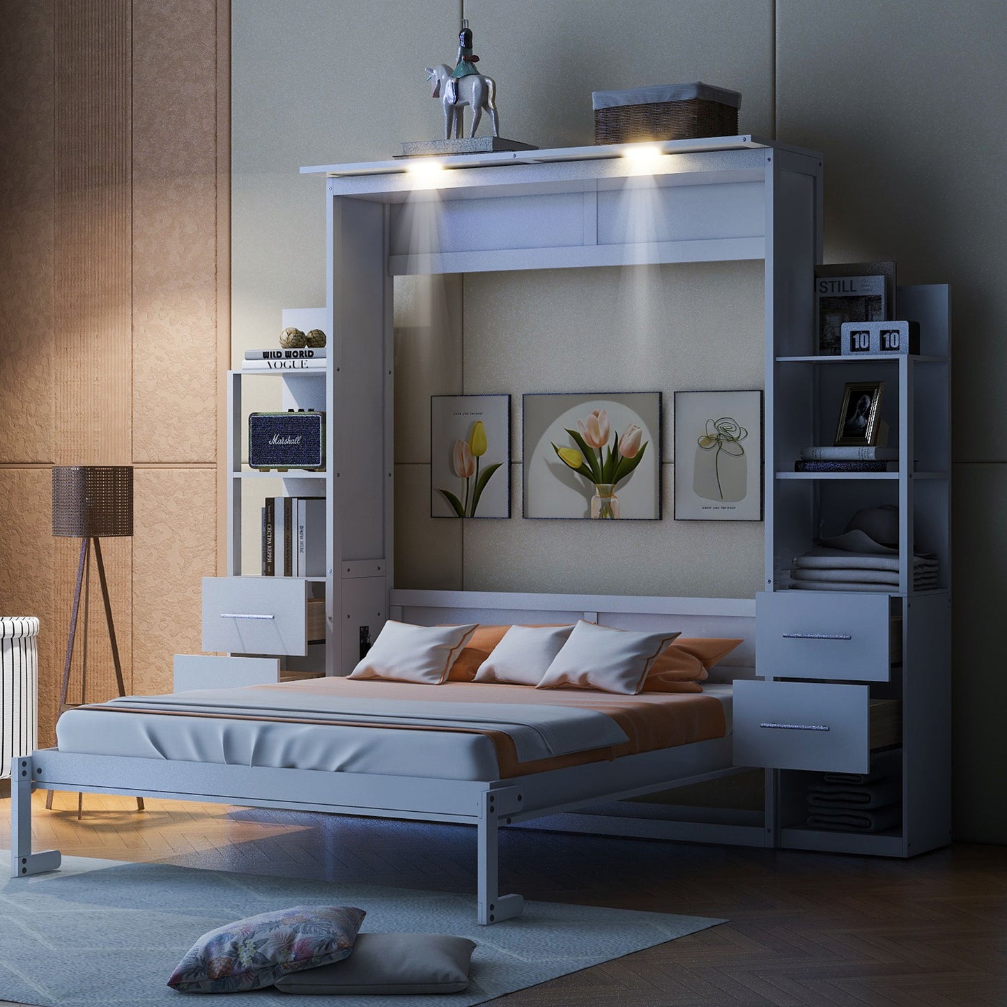 Queen Size Murphy Wall Bed With Shelves, Drawers And LED Lights - White