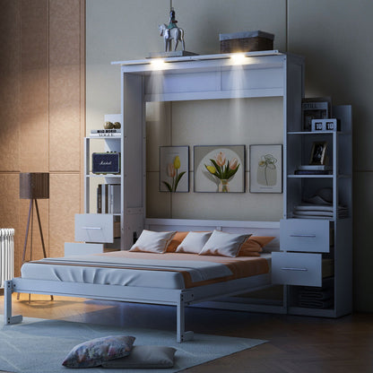 Queen Size Murphy Wall Bed With Shelves, Drawers And LED Lights - White