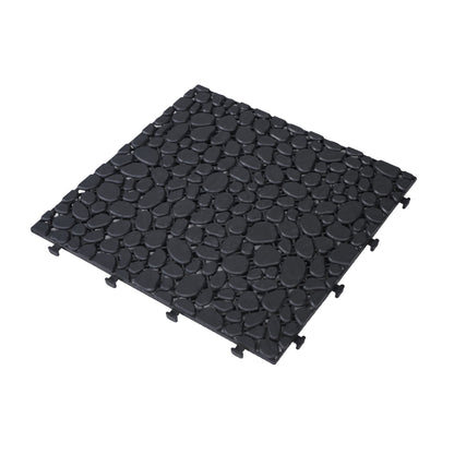 Interlocking Deck Tiles Plastic Waterproof Outdoor All Weather Anti-Slip Bathroom Shower Balcony Porch Strong Weight Capacity Upto 440 Lbs, Pebble Stone Pattern Pack Of 12 - Black