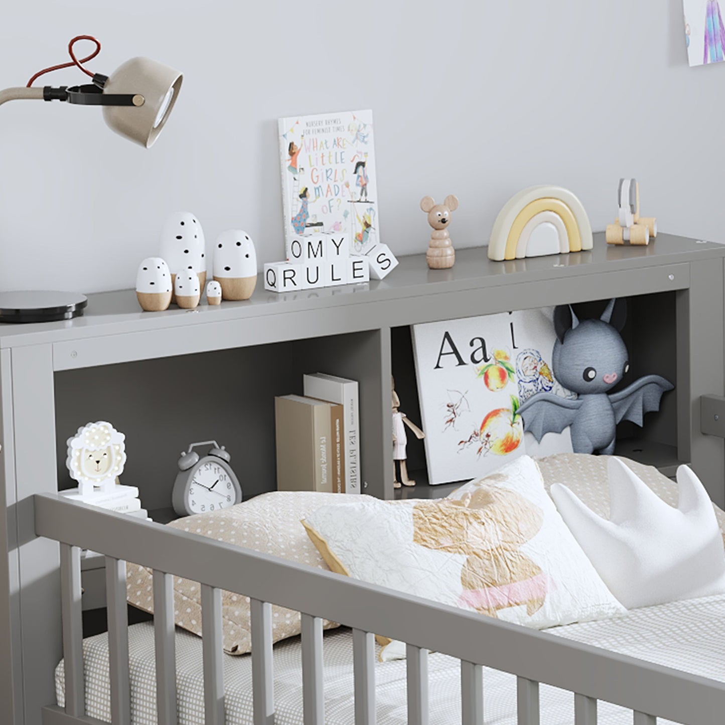 Twin Size Bed With Headboard Storage Rack, 2 Under Bed Drawers, 3 - Side Guardrails For Safety And Security - Gray