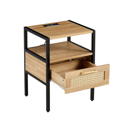 Rattan End Table With Power Outlet & USB Ports, Modern Nightstand With Drawer And Metal Legs, Side Table For Living Room, Bedroom - Natural