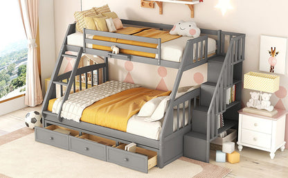 Twin Over Full Bunk Bed With Drawers, Ladder And Storage Staircase - Gray