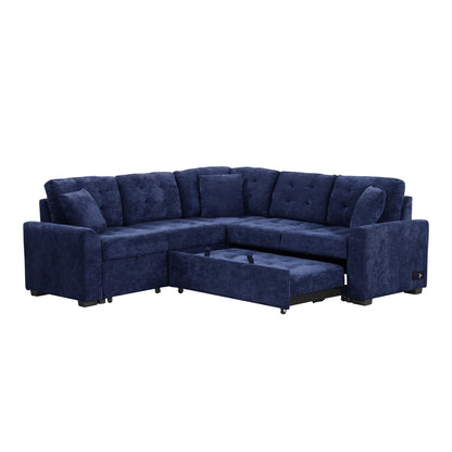 L-Shape Sofa Bed Pull-Out Sleeper Sofa With Wheels, USB Ports, Power Sockets For Living Room - Navy Blue