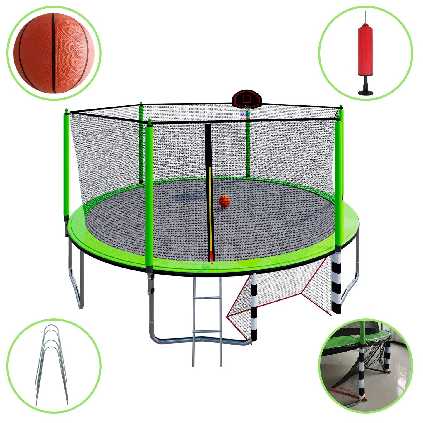 16Ft Trampoline With Basketball Hoop Pump And Ladder (Inner Safety Enclosure) With Soccer Goal - Green