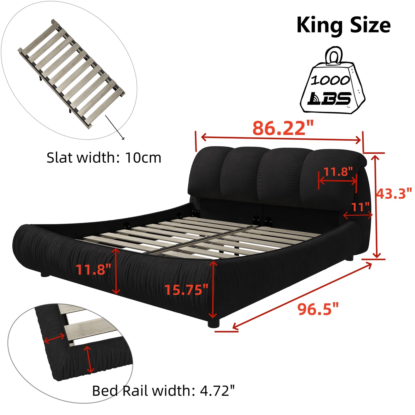 King Size Luxury Upholstered Platform Bed With Oversized Padded Backrest And Solid Wood Frame, Suitable For Multiple Heights Of Mattresses - Black