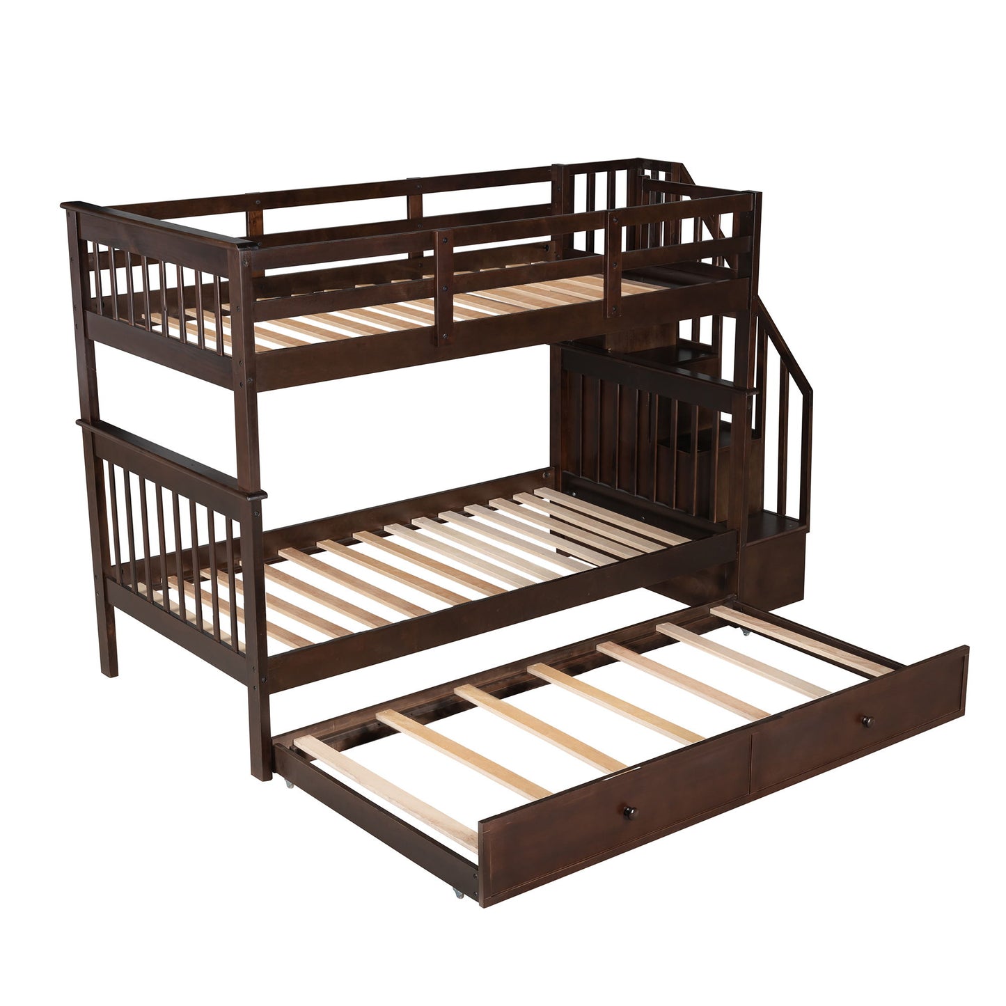 Twin Over Twin Stairway Bunk Bed With Twin Size Trundle For Bedroom - Espresso