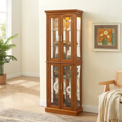 Curio Cabinet Lighted Curio Diapaly Cabinet With Adjustable Shelves And Mirrored Back Panel, Tempered Glass Doors (6 Tier), (E26 Light Bulb Not Included) - Oak