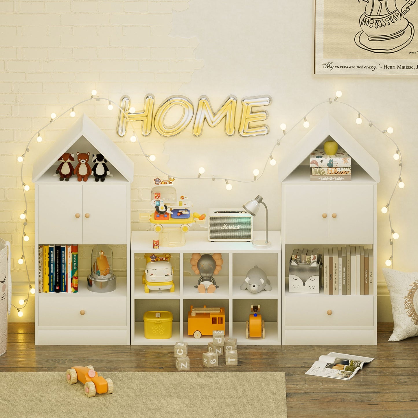 Versatile Children's Bookshelf With House-Shaped Design Multifunctional Storage - White