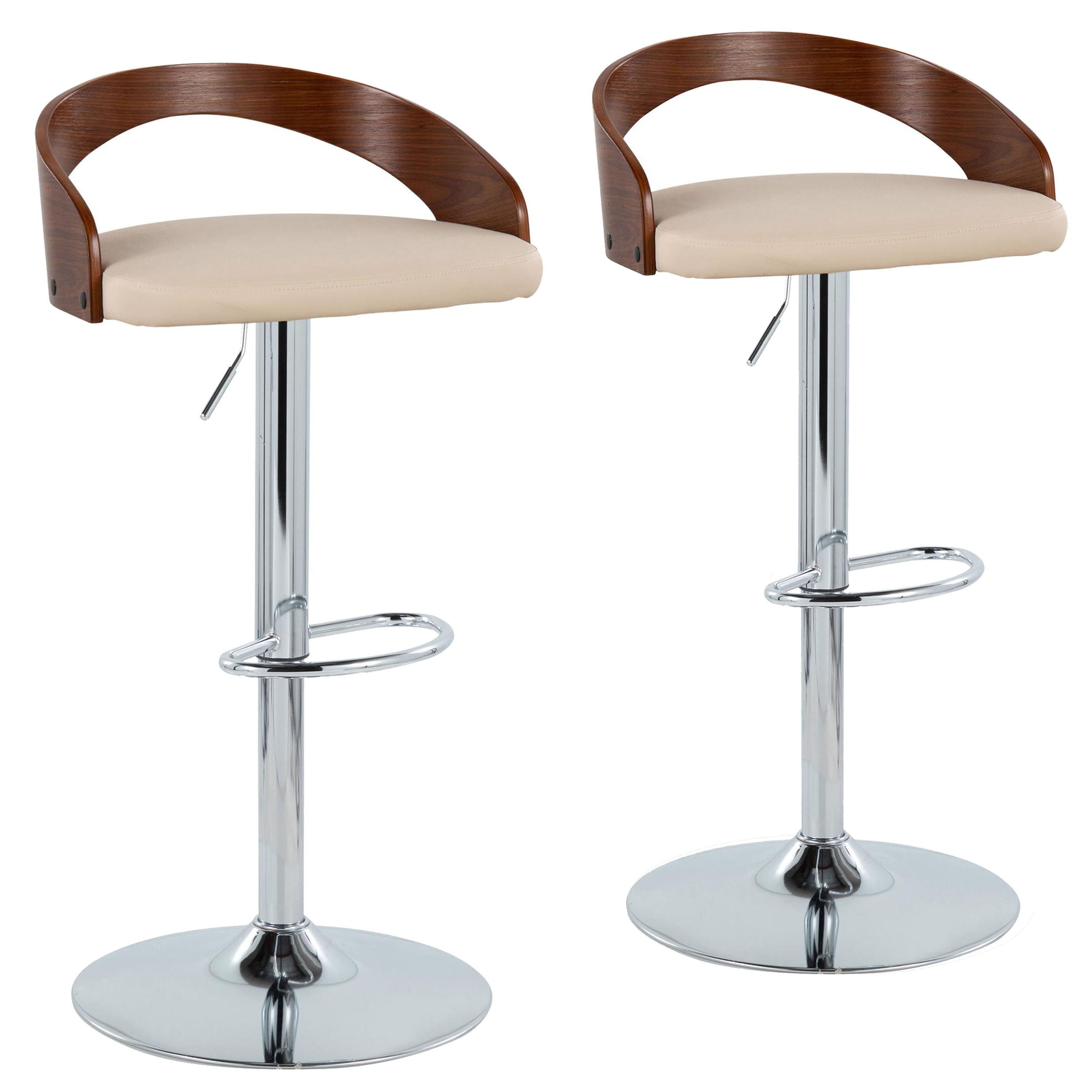 Grotto - Mid-Century Modern Adjustable Height Barstool With Swivel With Oval Footrest (Set of 2) - Chrome / Walnut / Cream