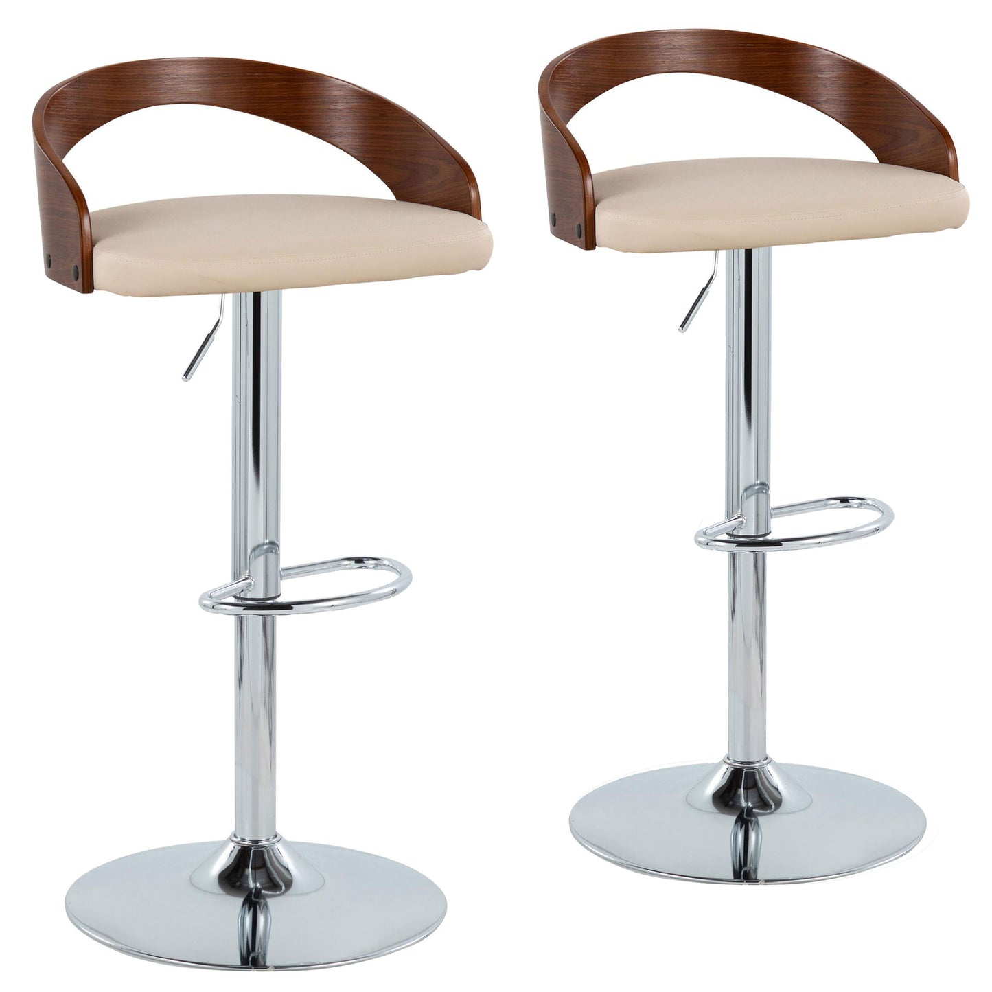 Grotto - Mid-Century Modern Adjustable Height Barstool With Swivel With Oval Footrest (Set of 2) - Chrome / Walnut / Cream