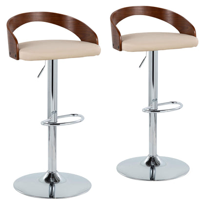 Grotto - Mid-Century Modern Adjustable Height Barstool With Swivel With Oval Footrest (Set of 2) - Chrome / Walnut / Cream