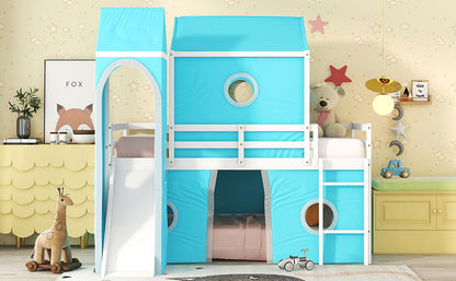 Twin Size Loft Bed With Slide Blue Tent And Tower - Blue