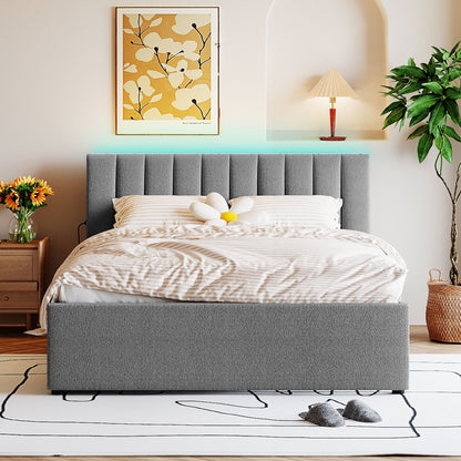 Queen Size Upholstered Platform Bed With Twin Long Trundle - Gray