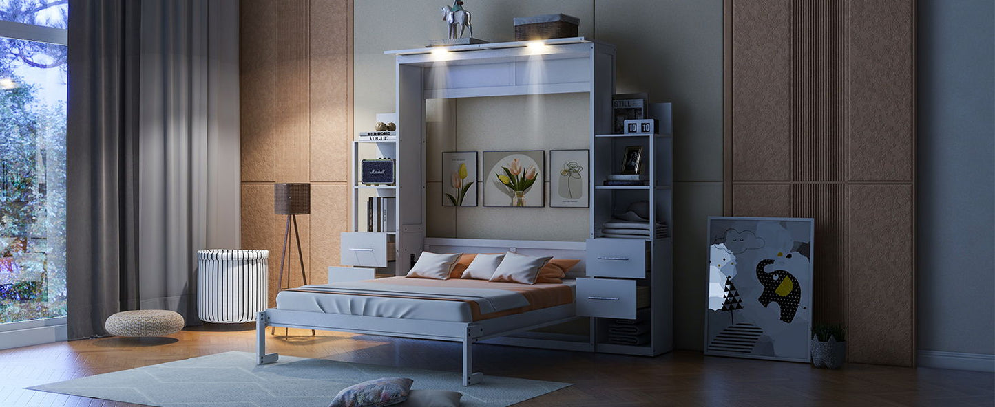 Queen Size Murphy Wall Bed With Shelves, Drawers And LED Lights - White