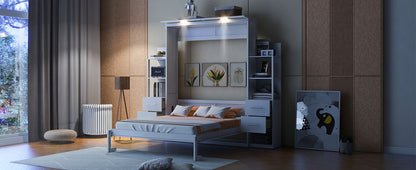 Queen Size Murphy Wall Bed With Shelves, Drawers And LED Lights - White