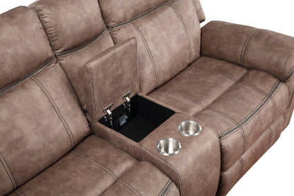 Dollum - Two Tone Nubuck Manual Recliner Sectional Sofa With USB Port Cupholder Console - Chocolate