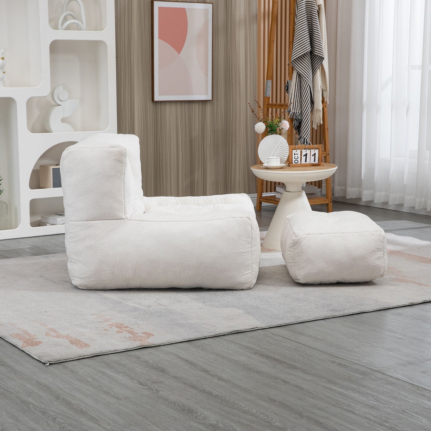 Fluffy Bean Bag Chair, Comfortable Bean Bag For Adults And Children, Super Soft Lazy Sofa Chair With Memory Foam And Ottoman, Indoor Modern Focus Bean Bag Chair For Living Room, Bedroom, Apartment - White