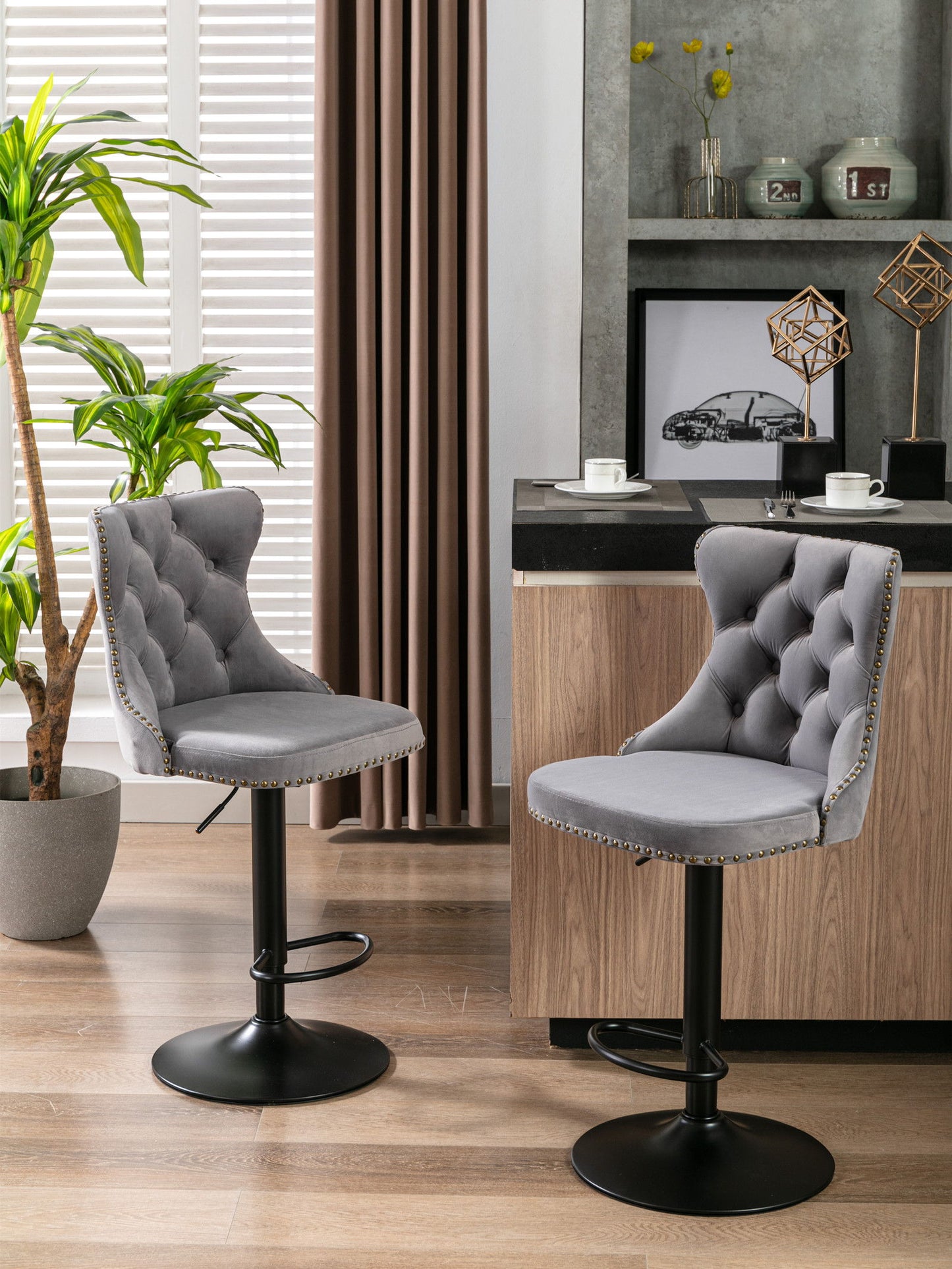 Swivel Velvet Barstools Adjusatble Seat Height , Modern Upholstered Bar Stools With Backs Comfortable Tufted For Home Pub And Kitchen Island (Set of 2) - Gray