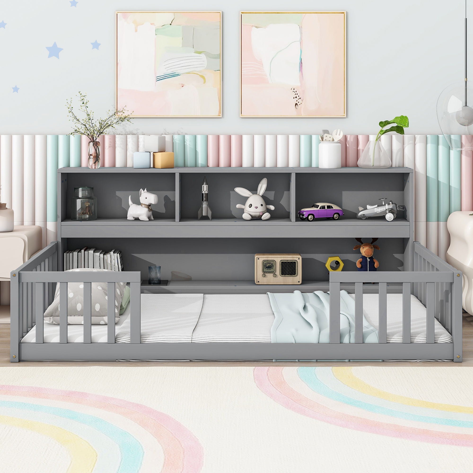 Twin Floor Bed With Bedside Bookcase, Shelves, Guardrails - Gray