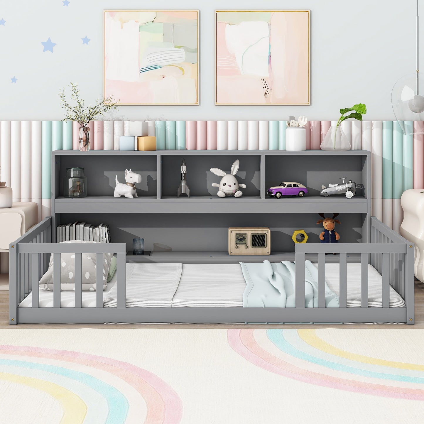 Twin Floor Bed With Bedside Bookcase, Shelves, Guardrails - Gray