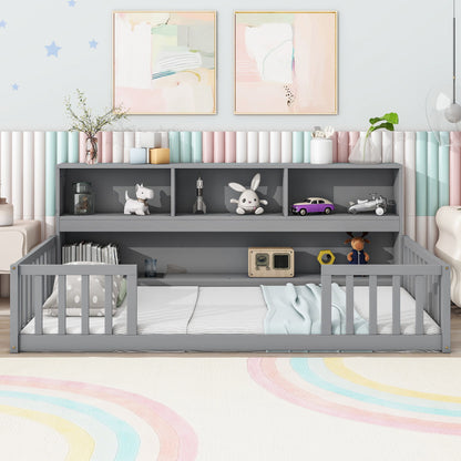 Twin Floor Bed With Bedside Bookcase, Shelves, Guardrails - Gray