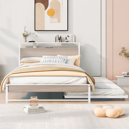 Full Size Platform Bed Frame With Trundle, USB Ports And Slat Support, No Box Spring Needed - White