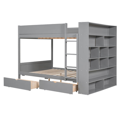 Full Over Full Bunk Bed With 2 Drawers And Multi-Layer Cabinet - Gray