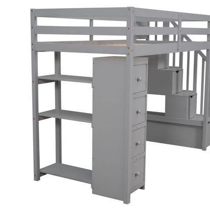 Twin Size Loft Bed With Storage Drawers And Stairs With Shelves - Gray