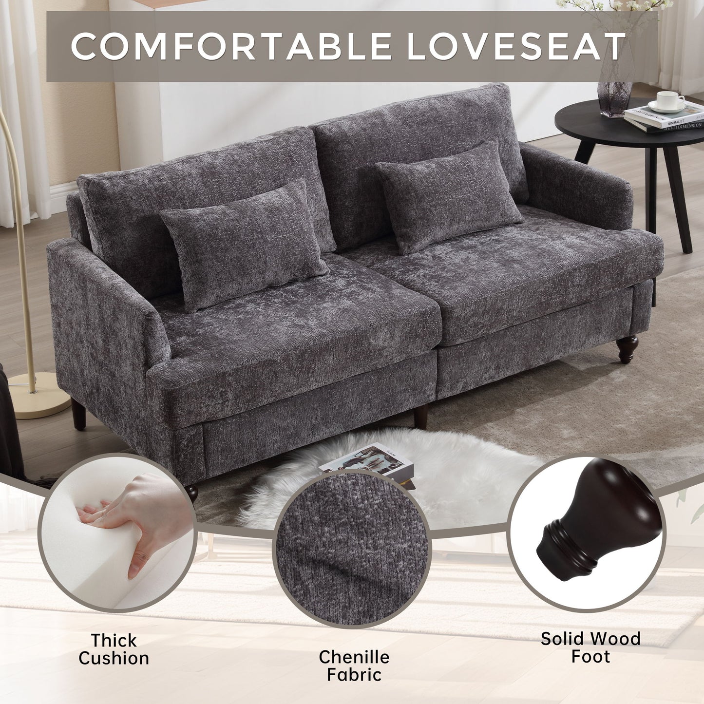 Mid Century Modern Chenille Fabric Loveseat Sofa, 2 Seat Upholstered Couch, Brown Wood Feet - Gray