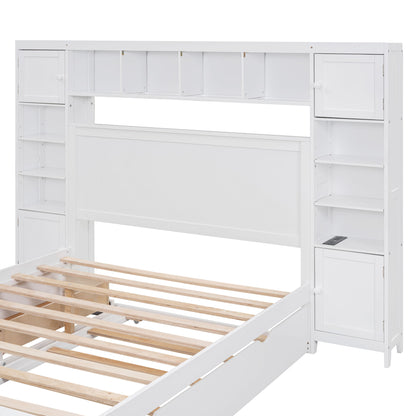 Full Size Bed With All In One Cabinet, Shelf And Sockets, Twin Size Trundle - White