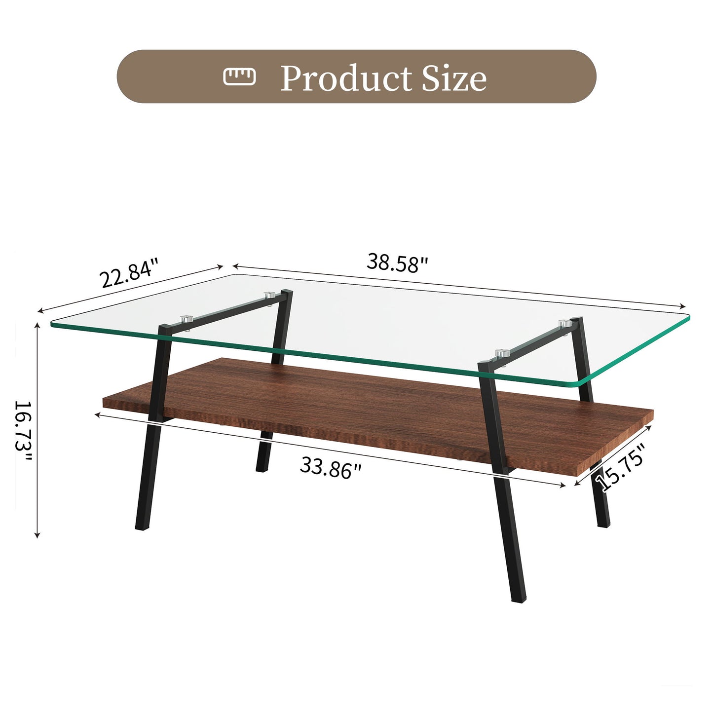 Rectangle Coffee Table, Tempered Glass Tabletop With Metal Legs, Modern Table For Living Room, Transparent Glass - Dark Brown