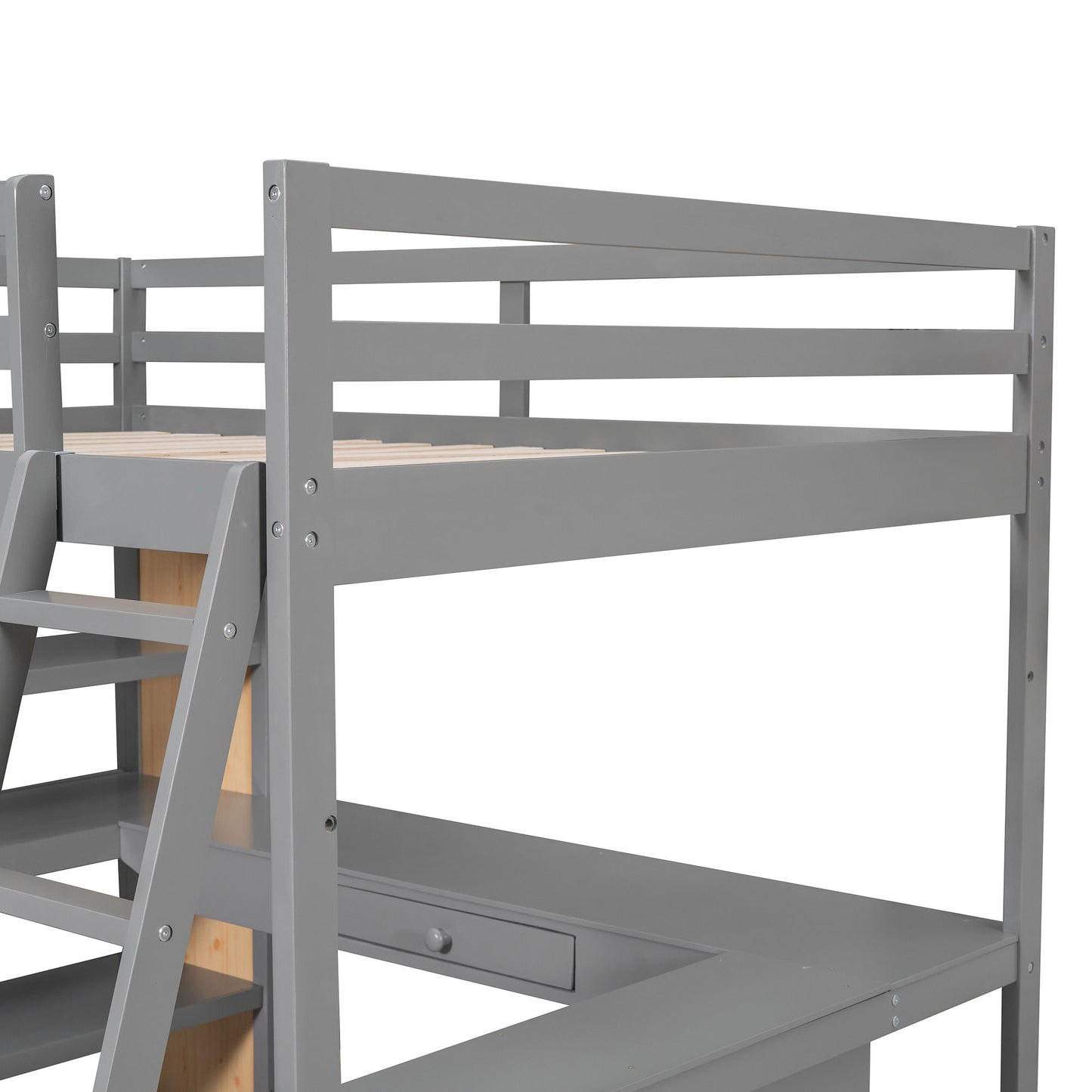 Full Size Loft Bed With Ladder, Shelves, And Desk - Gray