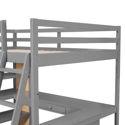 Full Size Loft Bed With Ladder, Shelves, And Desk - Gray
