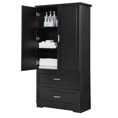 Tall Bathroom Storage Cabinet, Cabinet With 2 Doors And Drawers, Adjustable Shelf - Black