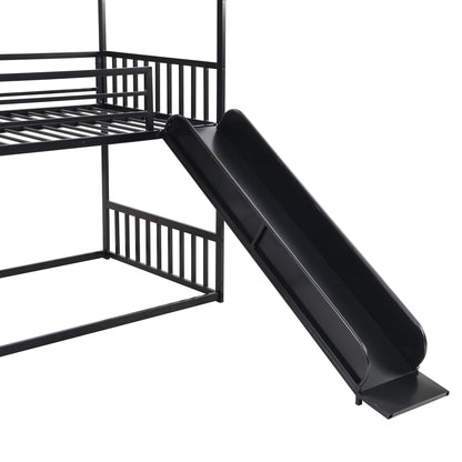 Twin Size Metal Bunk Bed House Bed With Slide And Staircase - Black
