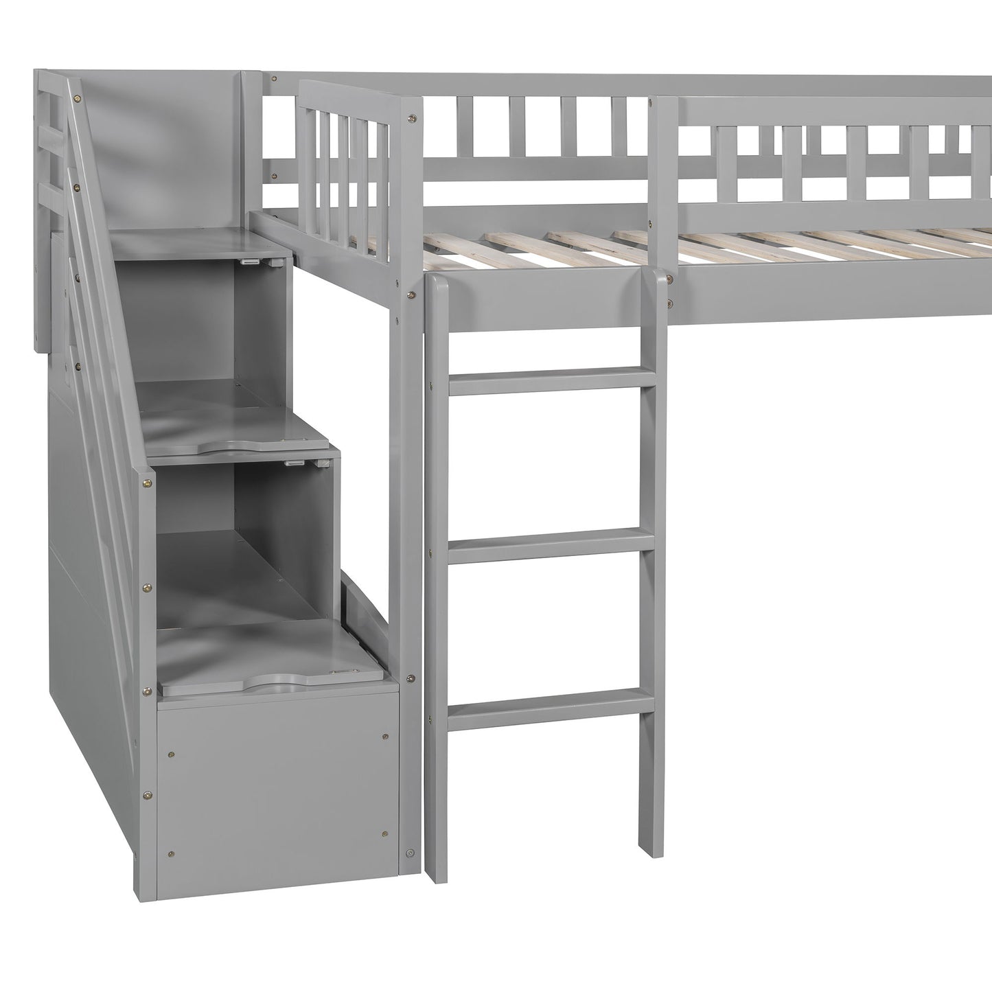 Twin Size Loft Stairway Bed With 2 Drawers And Slide - Gray