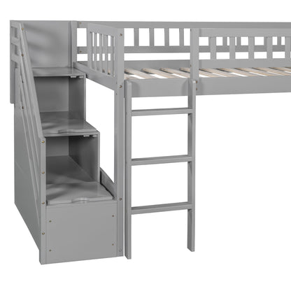 Twin Size Loft Stairway Bed With 2 Drawers And Slide - Gray
