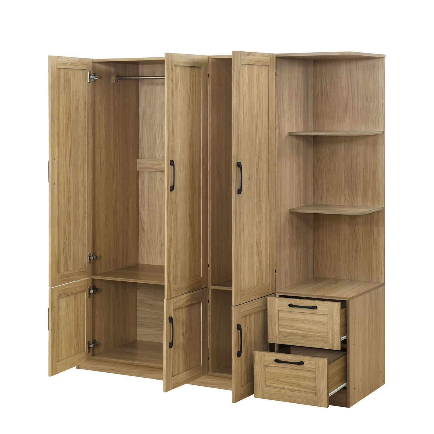 3 Door Storage Wardrobe For Dedroom With Shelves And 2 Drawers, Side Storage Shelves - Nature