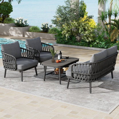 4 Piece Outdoor Patio Furniture Set, Metal Chairs With Woven Rope U Shaped Backrest, Outdoor Conversation Set With Thick Cushions And Coffee Table For Garden, Poolside, Balcony - Black / Gray