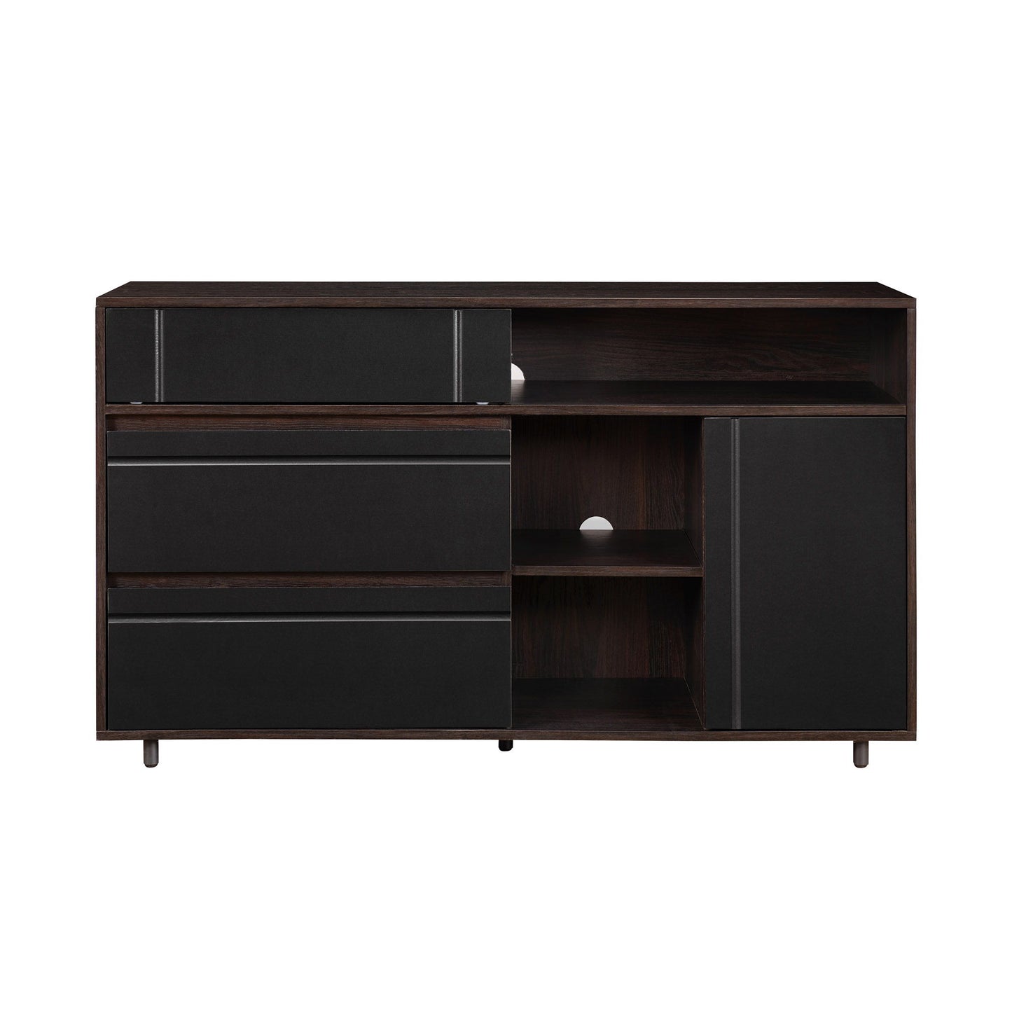 Contemporary Detailed Door Sideboard With Open Storage - Dark Espresso / Solid Black