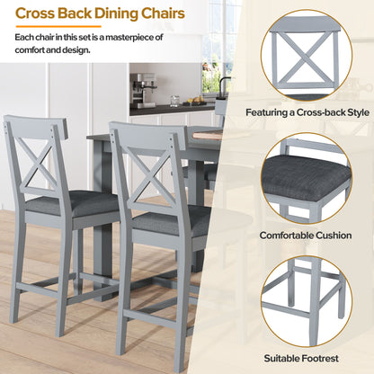 Solid Wood Farmhouse Counter Height Dining Table Set With 3 Tier Storage Shelves, Upholstered Dining Chairs For 4, 5 Piece - Gray