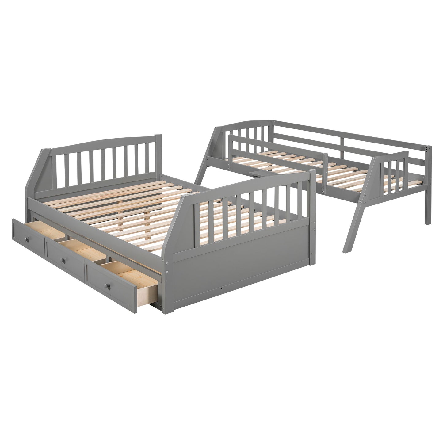 Twin Over Full Bunk Bed With Drawers, Ladder And Storage Staircase - Gray