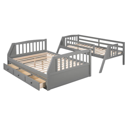 Twin Over Full Bunk Bed With Drawers, Ladder And Storage Staircase - Gray