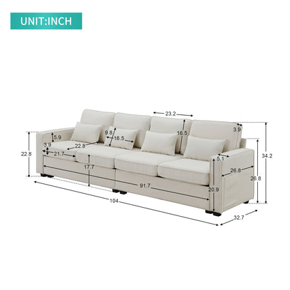 4 Seater Modern Linen Sofa With Armrest Pockets And 4 Pillows, Minimalist Style Couch - Beige