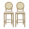 Country Chic Bar Stools (Set of 2) With Rattan Backrest And Upholstered Seat - Beige / Natural