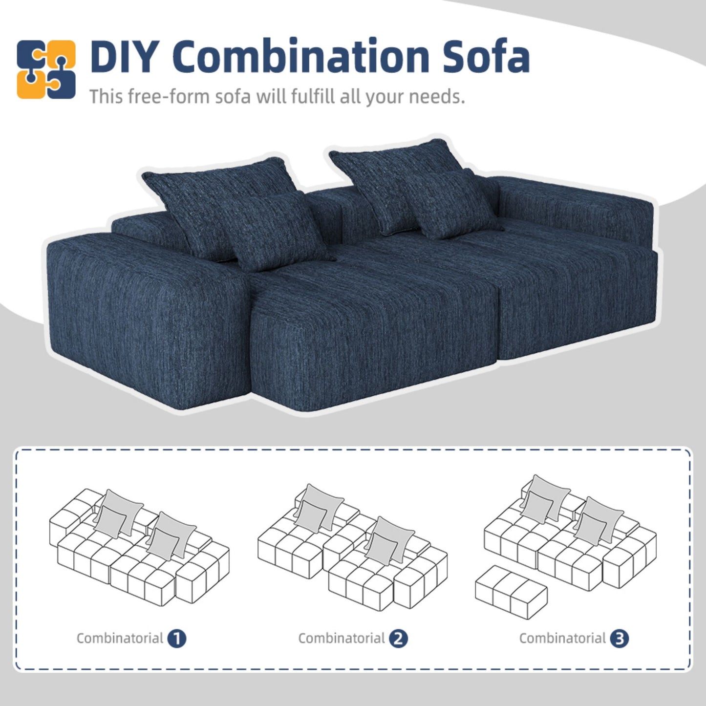 Modern Oversized Modular Sectional Sofa With 2 Chaise Lounge And 2 Armrest, Sparkling Chenille Fabric Soft Cushion Sofa With 4 Pillows, 4 Pieces Diy Combination Tufted Sofa, No Assembly Required - Blue