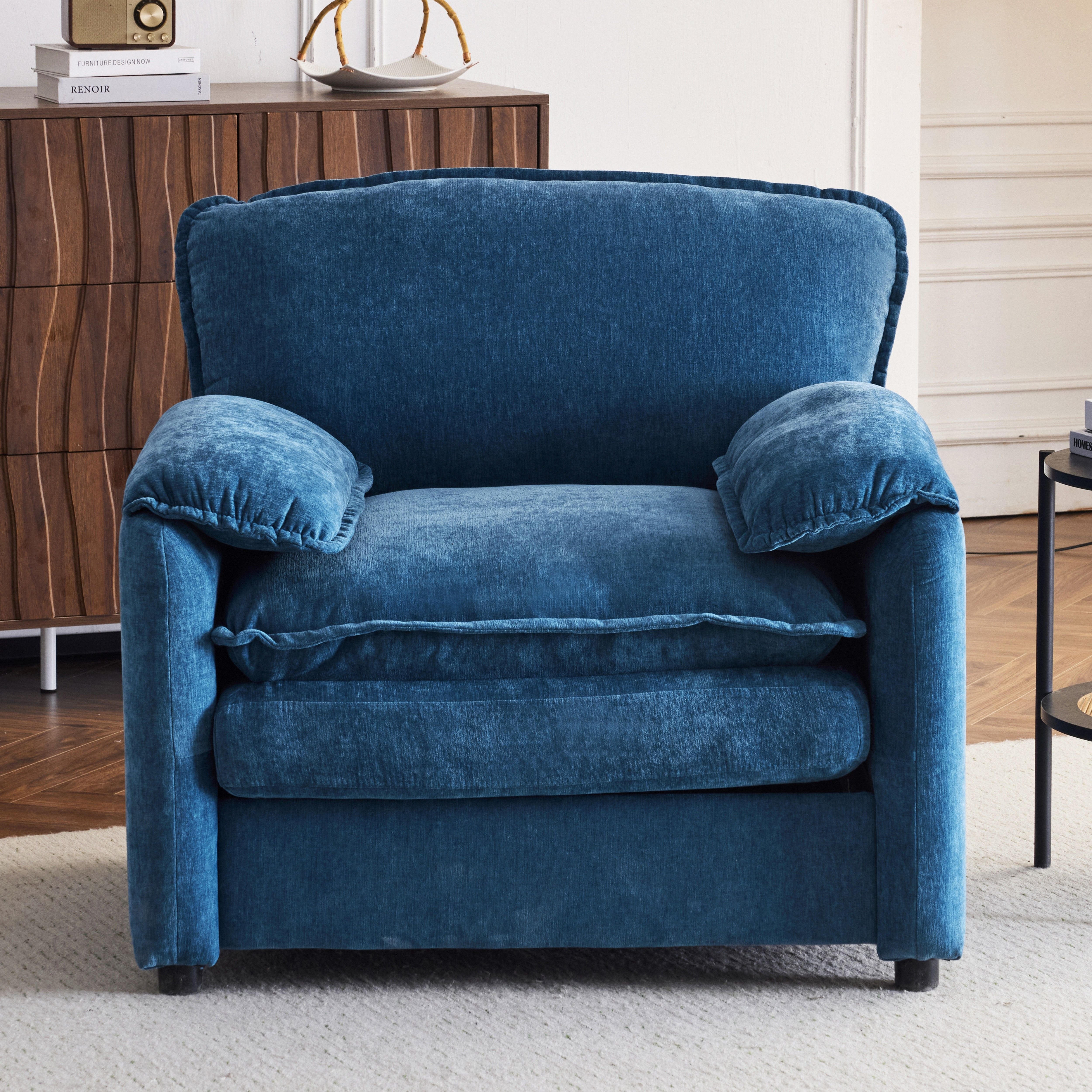 Oversized Reading Armchair With Thick Cushions, High Back Support - Blue
