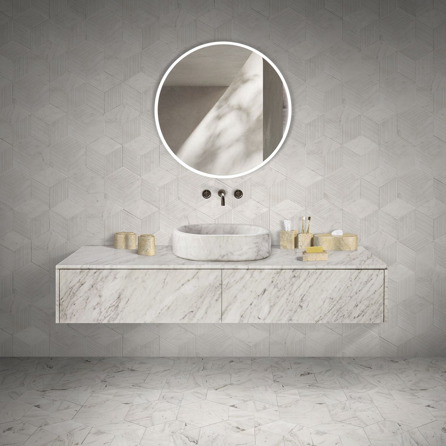 Marble Bathroom Accessories Set, Natural Stone - Beige / Gold / Beige / Yellow