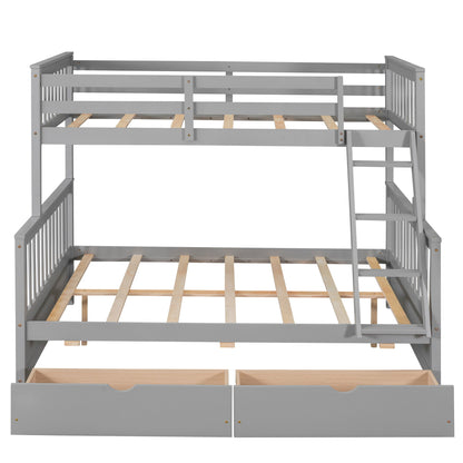 Twin Over Full Bunk Bed With Ladders And Two Storage Drawers - Gray