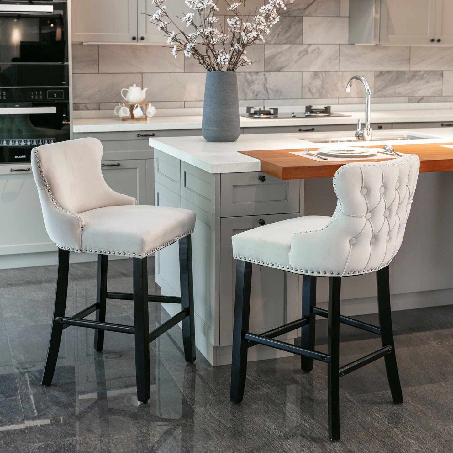 Contemporary Velvet Upholstered Wing-Back Barstools With Button Tufted Decoration And Wooden Legs, And Chrome Nailhead Trim, Leisure Style Bar Chairs, Bar Stools (Set of 4) - Beige